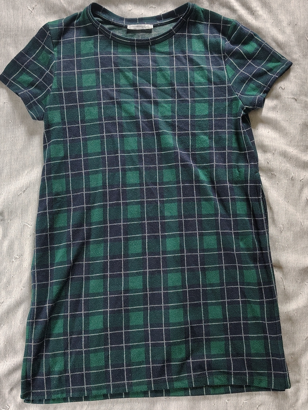 ZARA Trafaluc Green Navy Plaid Short Sleeve Slit Side Tunic Top Size Small